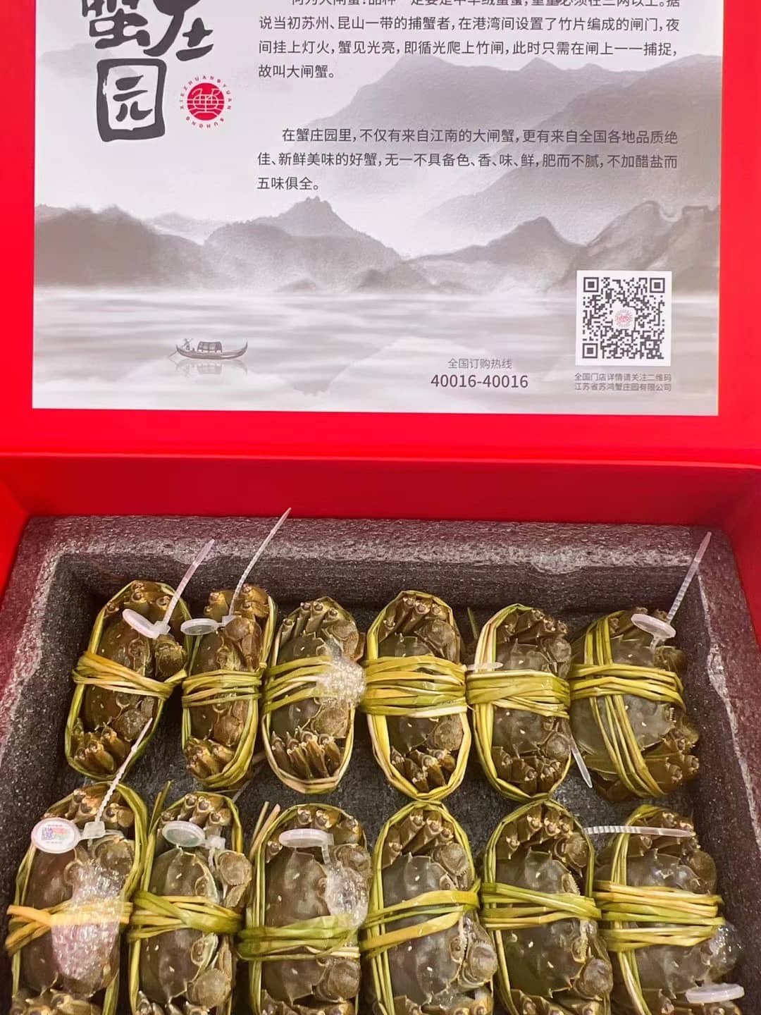 蟹庄园大闸蟹礼盒开箱：12只捆扎活蟹码放与品牌内衬